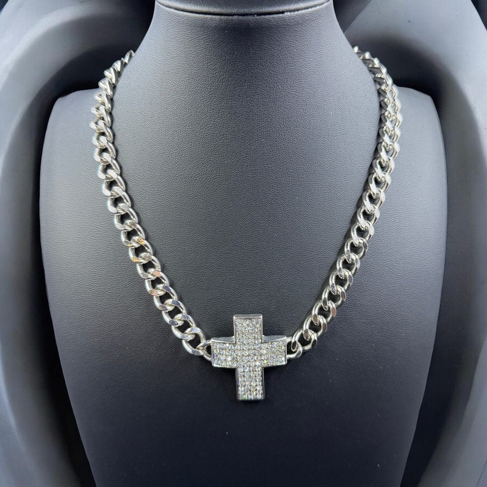 Silver Tone Cuban Link Chain Cross Necklace Rhinestone Pendant Hip Hop Street